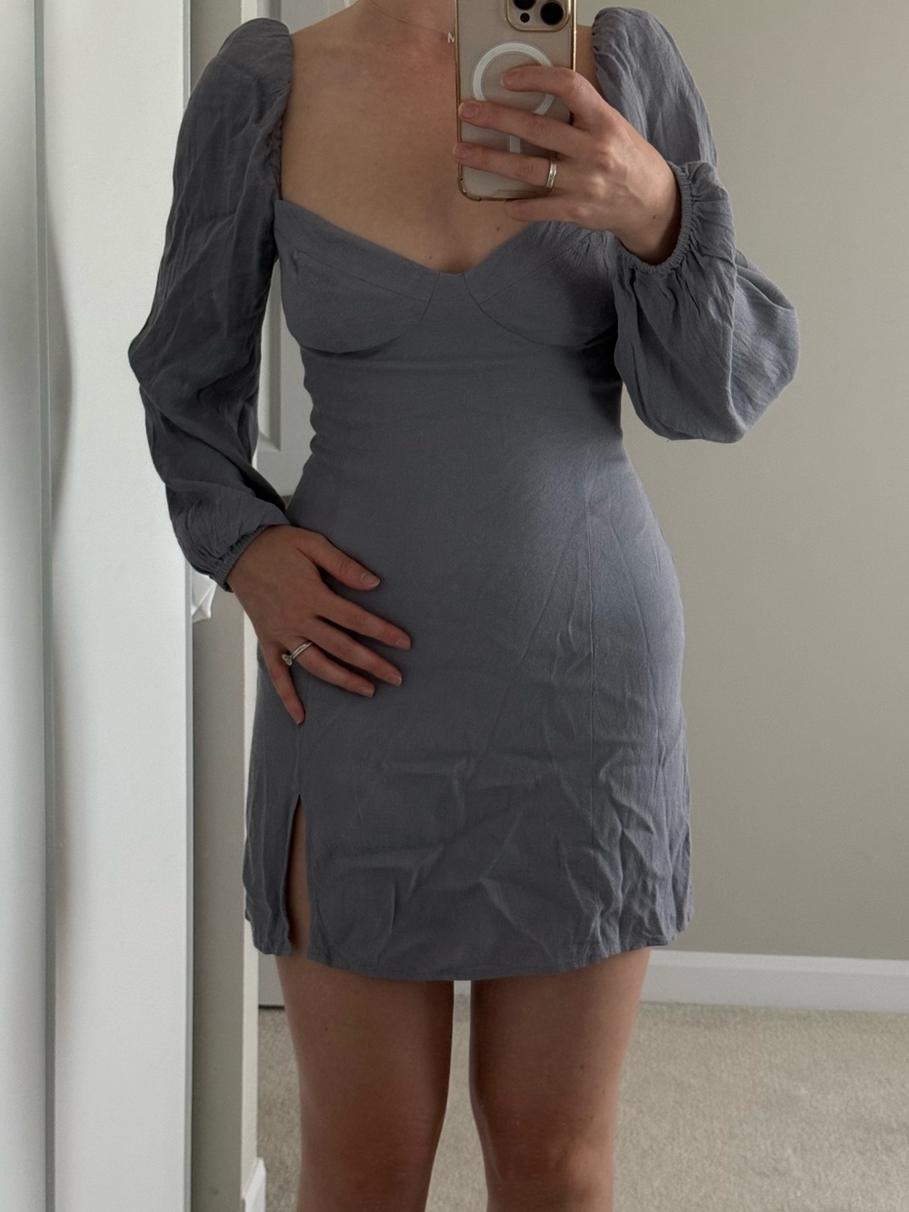 Aritzia Wilfred Gray/lilac Puff-long Sleeve Mini Dress